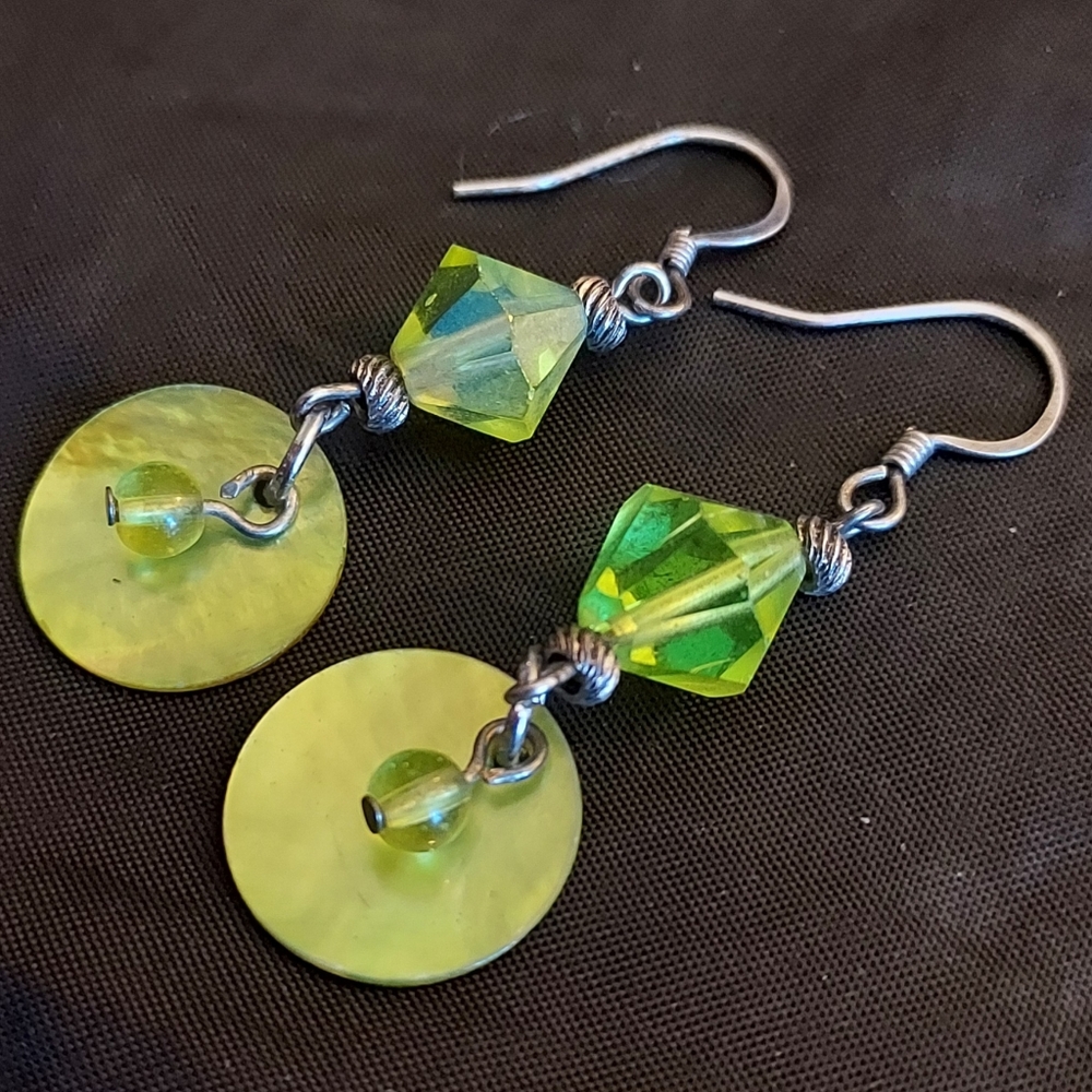 Handmade lime green bead and shell delicate dangle drop earrings boho